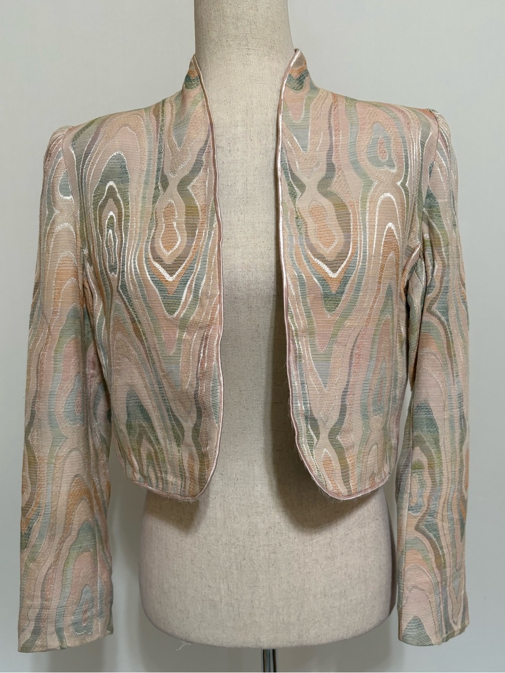 Vintage 80s Nolan Miller Pastel Marble Swirled Jacquard Cropped Jacket Size 10